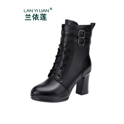 真皮走秀高跟短靴女英倫風2026冬季新款系帶時尚加絨粗跟馬丁靴