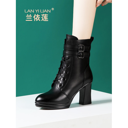 真皮走秀高跟短靴女英倫風2026冬季新款系帶時尚加絨粗跟馬丁靴