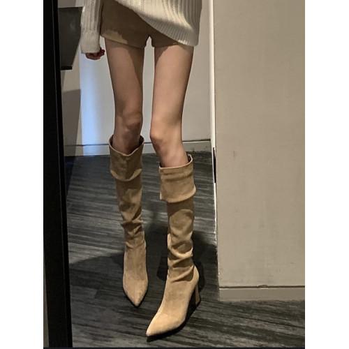 尖頭絨面褶皺堆堆靴子女2025年秋冬新款過膝長筒靴粗跟高筒騎士靴 尖頭絨面褶皺堆堆靴子女2025年秋冬新款過膝長筒靴粗跟高筒騎士靴