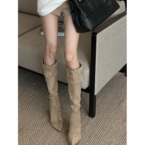 尖頭絨面褶皺堆堆靴子女2025年秋冬新款過膝長筒靴粗跟高筒騎士靴 尖頭絨面褶皺堆堆靴子女2025年秋冬新款過膝長筒靴粗跟高筒騎士靴