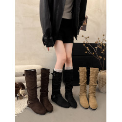 復古堆堆長筒靴女秋冬新款平底不過膝高筒騎士靴內增高西部牛仔靴