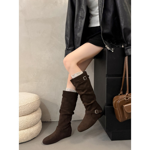 復古堆堆長筒靴女秋冬新款平底不過膝高筒騎士靴內增高西部牛仔靴 復古堆堆長筒靴女秋冬新款平底不過膝高筒騎士靴內增高西部牛仔靴