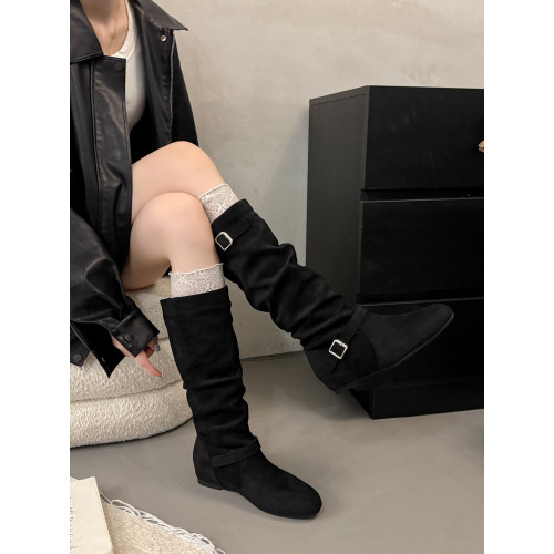 復古堆堆長筒靴女秋冬新款平底不過膝高筒騎士靴內增高西部牛仔靴 復古堆堆長筒靴女秋冬新款平底不過膝高筒騎士靴內增高西部牛仔靴