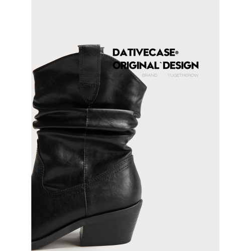 羊皮版!2025新款復古褶皺堆堆靴女尖頭粗跟西部牛仔靴短靴民族風 羊皮版!2025新款復古褶皺堆堆靴女尖頭粗跟西部牛仔靴短靴民族風