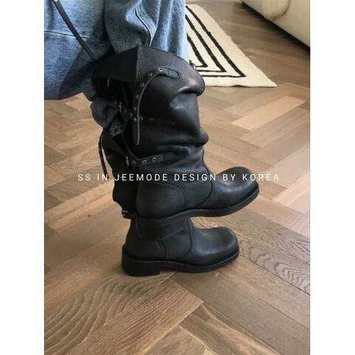 小池在首爾秋冬季新款小衆可繙折兩穿皮帶釦堆堆靴軟皮圓頭機車靴