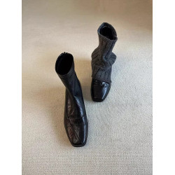 牛皮版~真皮極簡風百搭通勤短靴女顯瘦後拉鍊粗跟方頭彈力瘦瘦靴