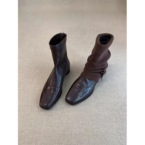 牛皮版~真皮極簡風百搭通勤短靴女顯瘦後拉鍊粗跟方頭彈力瘦瘦靴