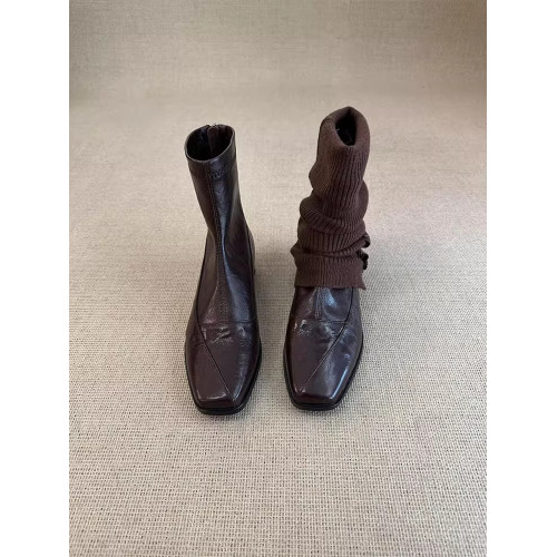 牛皮版~真皮極簡風百搭通勤短靴女顯瘦後拉鍊粗跟方頭彈力瘦瘦靴