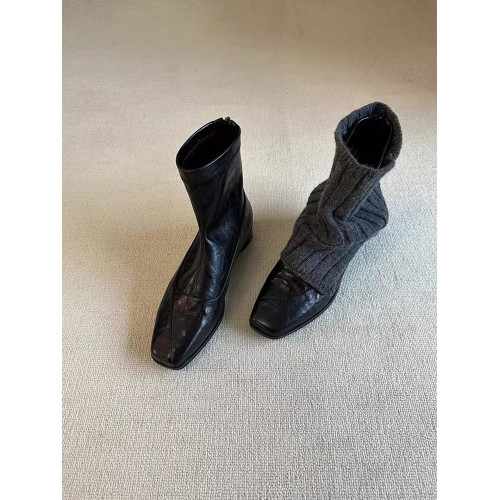 牛皮版~真皮極簡風百搭通勤短靴女顯瘦後拉鍊粗跟方頭彈力瘦瘦靴