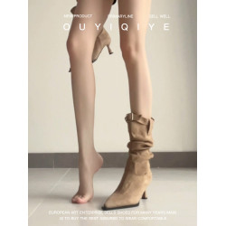 牛皮版~復古絨面短靴尖頭高跟中筒褶皺堆堆靴女新款顯瘦西部靴子