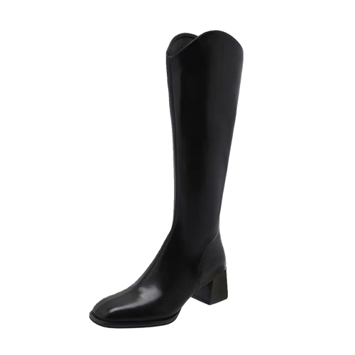 v口長靴女2024氣質方頭粗跟瘦瘦靴黑色小個子長筒騎士靴