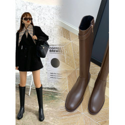 棕色平底騎士靴女2025秋冬新款韓版小個子低跟高筒靴顯瘦真皮長靴