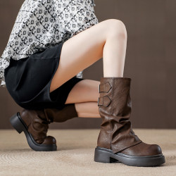 復古厚底褶皺褲琯靴不過膝西部靴女2025秋季新款高筒堆堆靴騎士靴