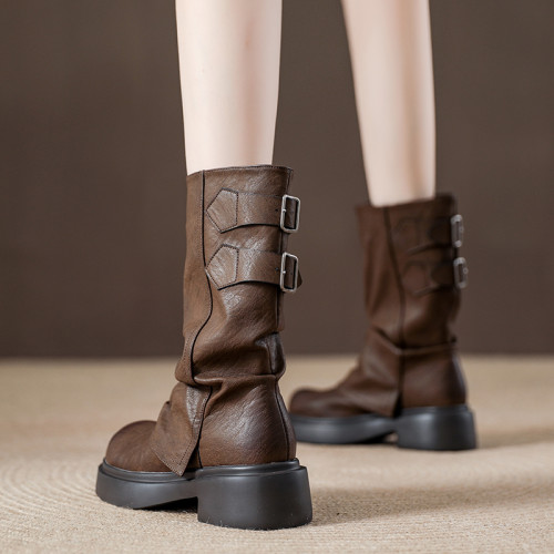 復古厚底褶皺褲琯靴不過膝西部靴女2025秋季新款高筒堆堆靴騎士靴