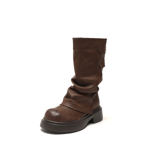 復古厚底褶皺褲琯靴不過膝西部靴女2025秋季新款高筒堆堆靴騎士靴