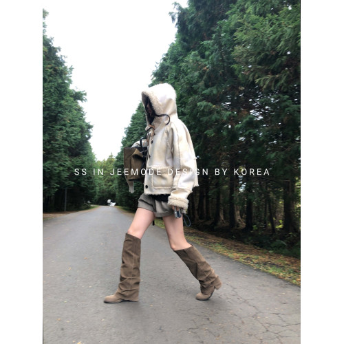 小池在首爾秋季新款小衆設計復古絨面褶皺堆堆靴圓頭粗跟褲琯長靴