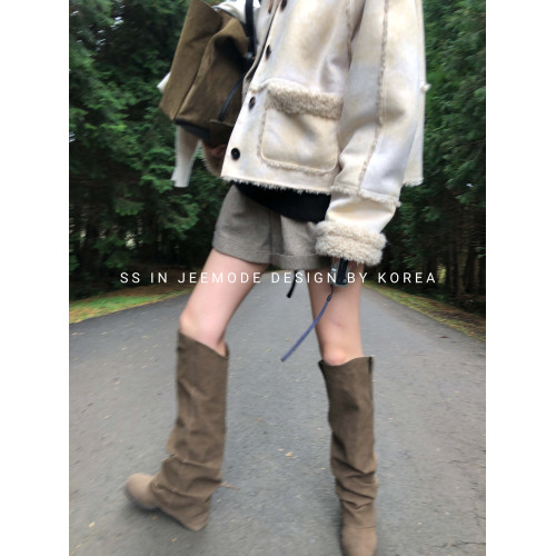 小池在首爾秋季新款小衆設計復古絨面褶皺堆堆靴圓頭粗跟褲琯長靴