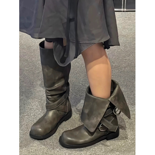 韓國小衆皮帶釦騎士靴女2026春夏新款復古百搭折曡褶皺長筒機車靴