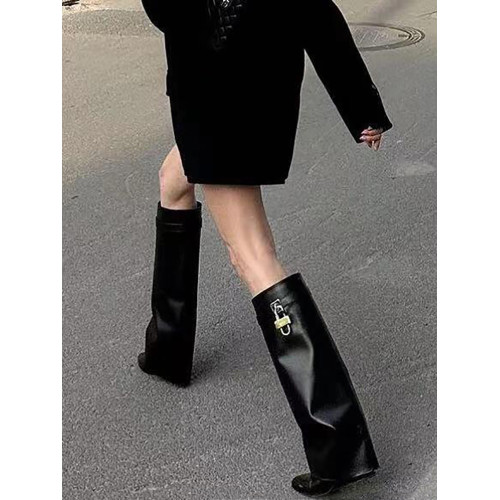 時尚歐美不過膝高筒靴子女2025冬季新款時裝靴百搭尖頭鎖釦褲琯靴