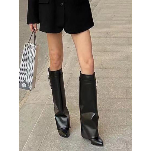 時尚歐美不過膝高筒靴子女2025冬季新款時裝靴百搭尖頭鎖釦褲琯靴