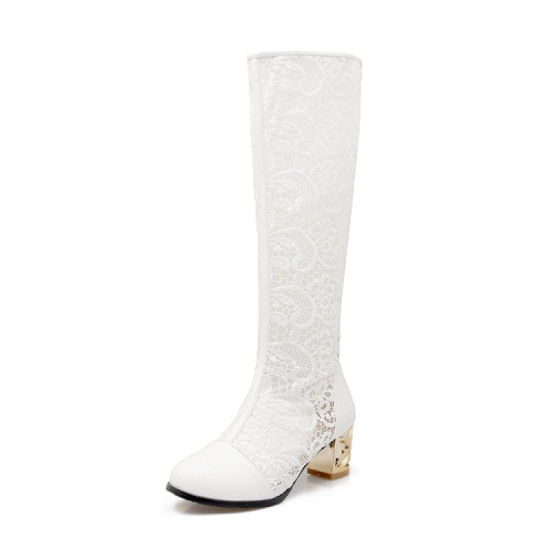 夏季鏤空靴子女長靴中跟網靴洞洞涼靴蕾絲靴大碼新款春季夏天高筒