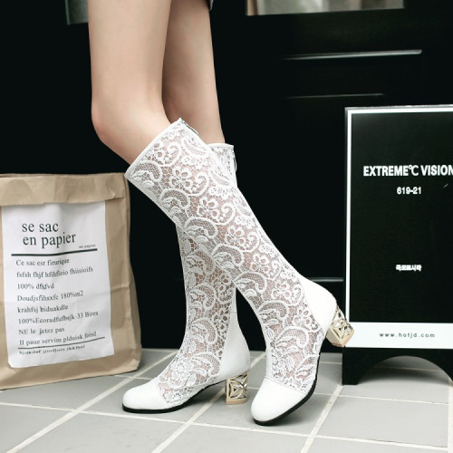 夏季鏤空靴子女長靴中跟網靴洞洞涼靴蕾絲靴大碼新款春季夏天高筒