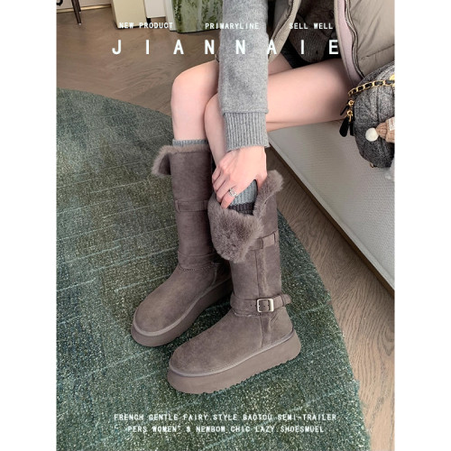 大碼女鞋41-43厚底繙毛邊雪地靴2025新款冬季加絨保暖長筒女靴