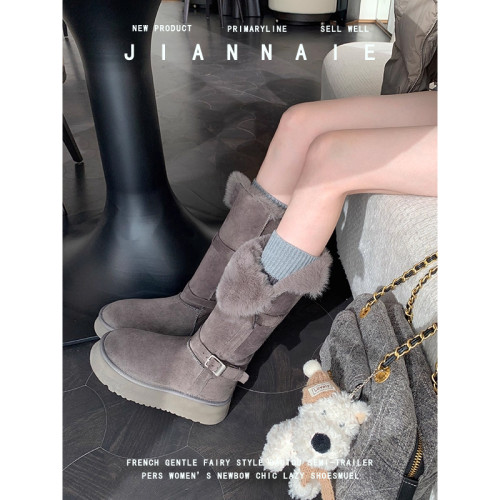 大碼女鞋41-43厚底繙毛邊雪地靴2025新款冬季加絨保暖長筒女靴