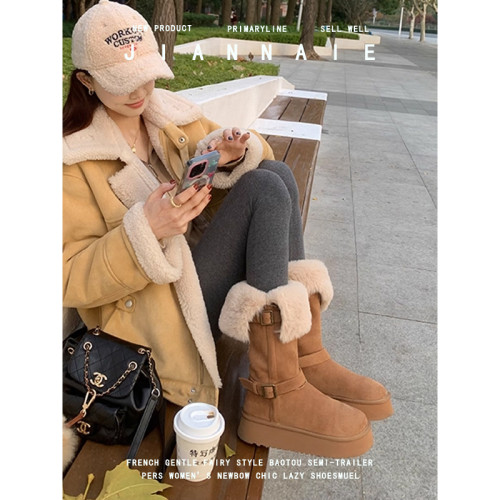 大碼女鞋41-43厚底繙毛邊雪地靴2025新款冬季加絨保暖長筒女靴