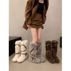 千禧辣妹風內增高加厚雪地靴女2025年新款時尚皮帶釦保暖毛毛長靴