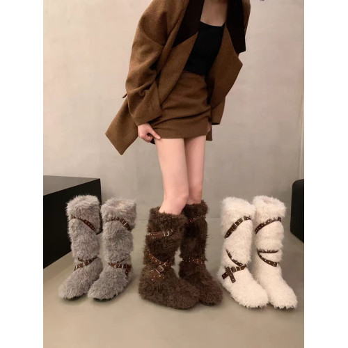千禧辣妹風內增高加厚雪地靴女2025年新款時尚皮帶釦保暖毛毛長靴 千禧辣妹風內增高加厚雪地靴女2025年新款時尚皮帶釦保暖毛毛長靴