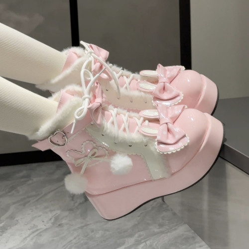 Lolita鞋子洛麗塔冬季雪地靴厚底增高松糕毛球兔子可愛甜美棉鞋