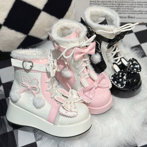Lolita鞋子洛麗塔冬季雪地靴厚底增高松糕毛球兔子可愛甜美棉鞋