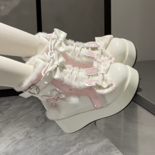 Lolita鞋子洛麗塔冬季雪地靴厚底增高松糕毛球兔子可愛甜美棉鞋