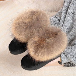 皮毛一體狐狸毛厚底雪地靴女真皮短筒靴內增高防水保暖棉鞋冬防滑