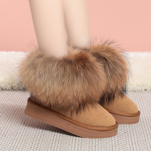 皮毛一體狐狸毛厚底雪地靴女真皮短筒靴內增高防水保暖棉鞋冬防滑