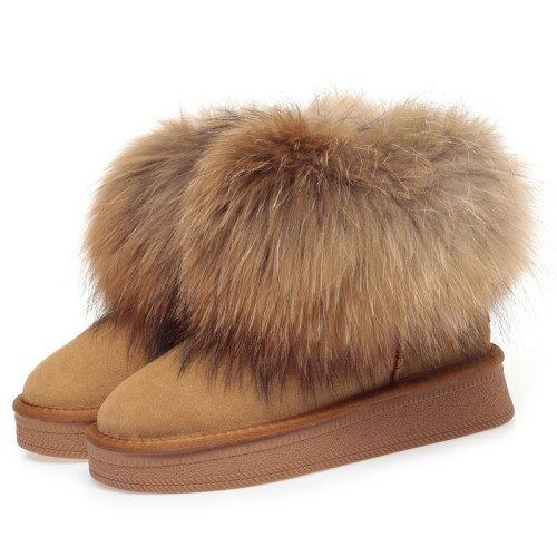 皮毛一體狐狸毛厚底雪地靴女真皮短筒靴內增高防水保暖棉鞋冬防滑