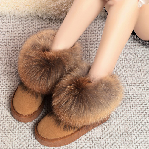 皮毛一體狐狸毛厚底雪地靴女真皮短筒靴內增高防水保暖棉鞋冬防滑