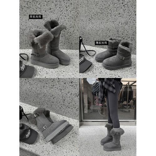 袁圈圈 灰色厚底雪地靴2025冬季新款兩穿加絨加厚棉鞋毛毛長筒靴