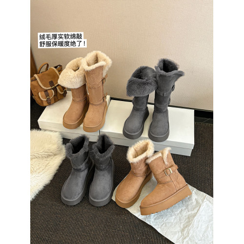 袁圈圈 灰色厚底雪地靴2025冬季新款兩穿加絨加厚棉鞋毛毛長筒靴