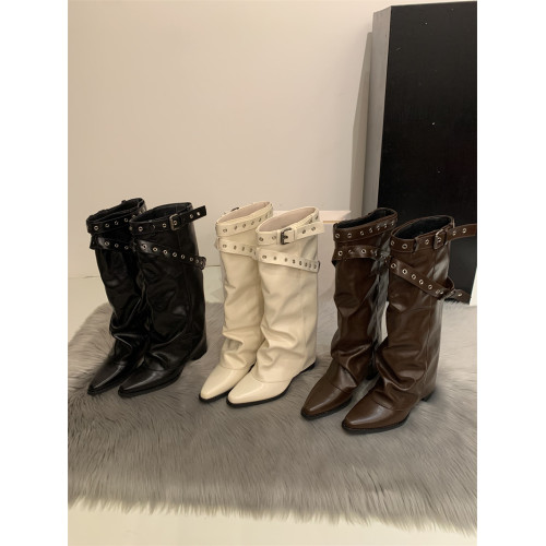 大筒圍不過膝長靴尖頭西部歐美高跟粗跟黑色堆堆騎士褲琯長筒靴女