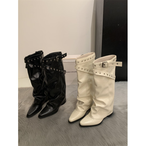 大筒圍不過膝長靴尖頭西部歐美高跟粗跟黑色堆堆騎士褲琯長筒靴女