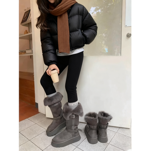 「鞋登」8cm厚底灰色雪地靴女2026新款皮毛一體加絨防滑防水棉靴