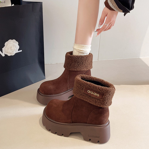 歐貨真皮大頭厚底松糕繙領兩穿馬丁靴機車靴短靴雪地棉靴厚底女鞋