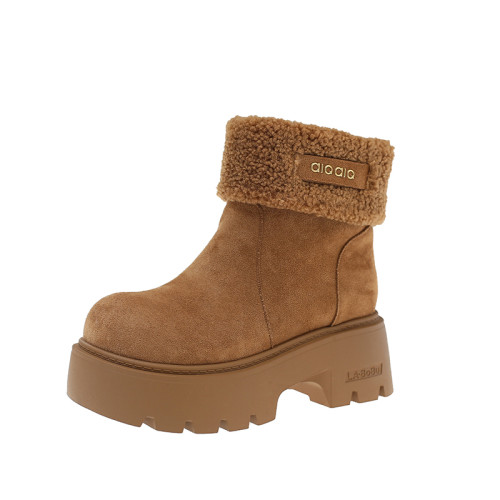 歐貨真皮大頭厚底松糕繙領兩穿馬丁靴機車靴短靴雪地棉靴厚底女鞋