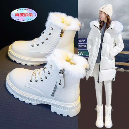 品牌特價真皮雪地靴女2025冬季新款圓頭厚底休閒輕便軟底馬丁靴