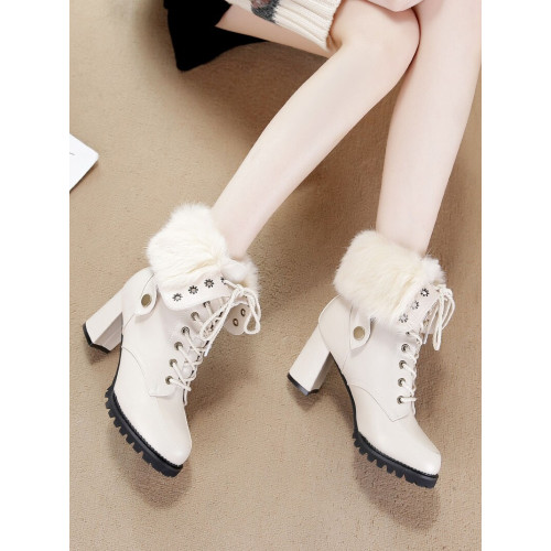 2025冬新款雪地靴毛毛短靴加絨高跟鞋防水台粗跟白色馬丁靴大棉女