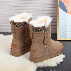 DRBR冬季新款皮毛一體拉鍊雪地靴女厚底短筒加絨加厚真皮保暖棉鞋