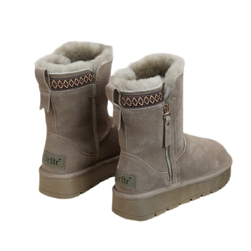 DRBR冬季新款皮毛一體拉鍊雪地靴女厚底短筒加絨加厚真皮保暖棉鞋
