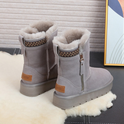 DRBR冬季新款皮毛一體拉鍊雪地靴女厚底短筒加絨加厚真皮保暖棉鞋